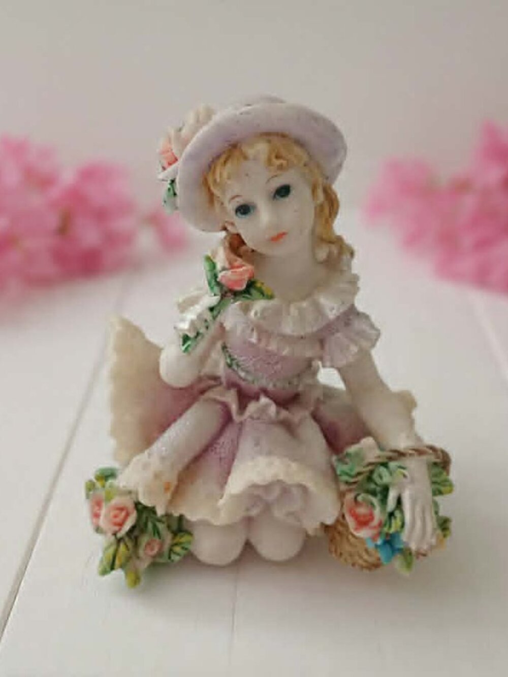 Dresden-Style Porcelain Figurine Girl in Pink Lace Dress with Flowers | 4" x 3"